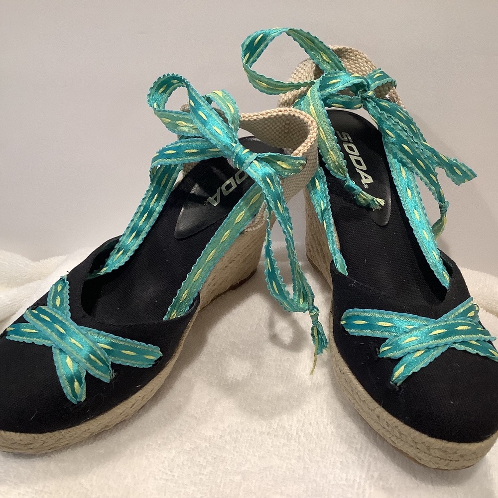 Espadrilles custom black with multicolored green,yellow ribbon lace up ankle tie